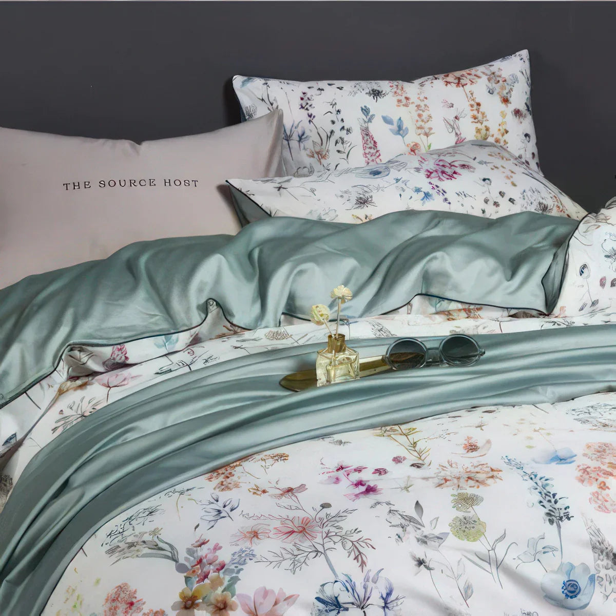 Bettwäsche aus ägyptischer Baumwolle (500 TC) – Grün mit floralem Muster – Floraison Élégante