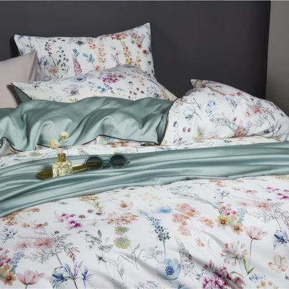 Bettwäsche aus ägyptischer Baumwolle (500 TC) – Grün mit floralem Muster – Floraison Élégante