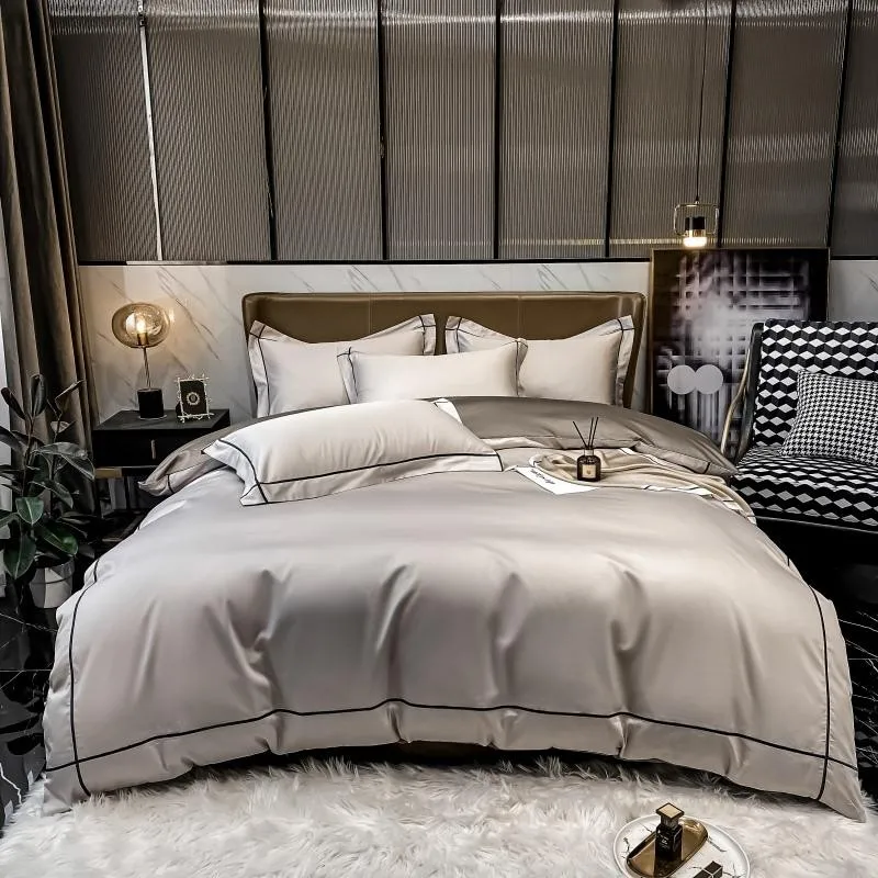 Elmsen Bettwäsche-Set aus ägyptischer Baumwolle mit 600 Thread Count | Beige mit Schwarz