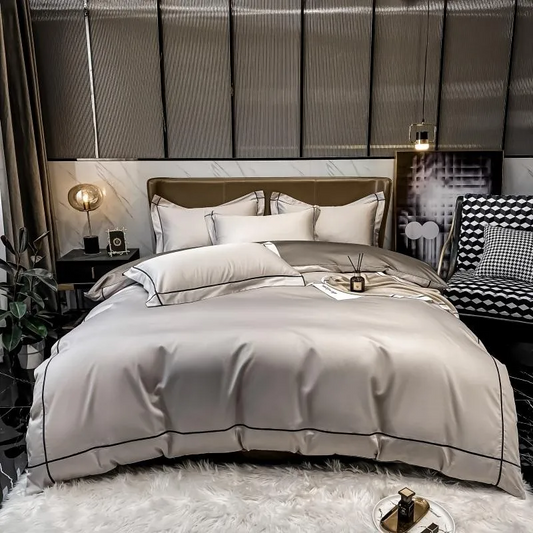 Elmsen Bettwäsche-Set aus ägyptischer Baumwolle mit 600 Thread Count | Beige mit Schwarz