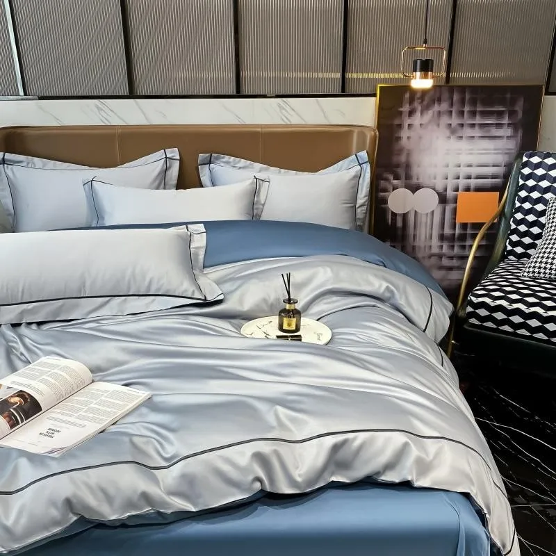 Elmsen Bettwäsche-Set aus ägyptischer Baumwolle mit 600 Thread Count | Blau mit Schwarz