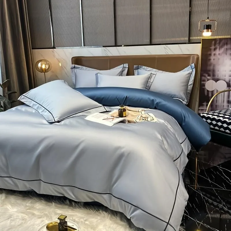Elmsen Bettwäsche-Set aus ägyptischer Baumwolle mit 600 Thread Count | Blau mit Schwarz