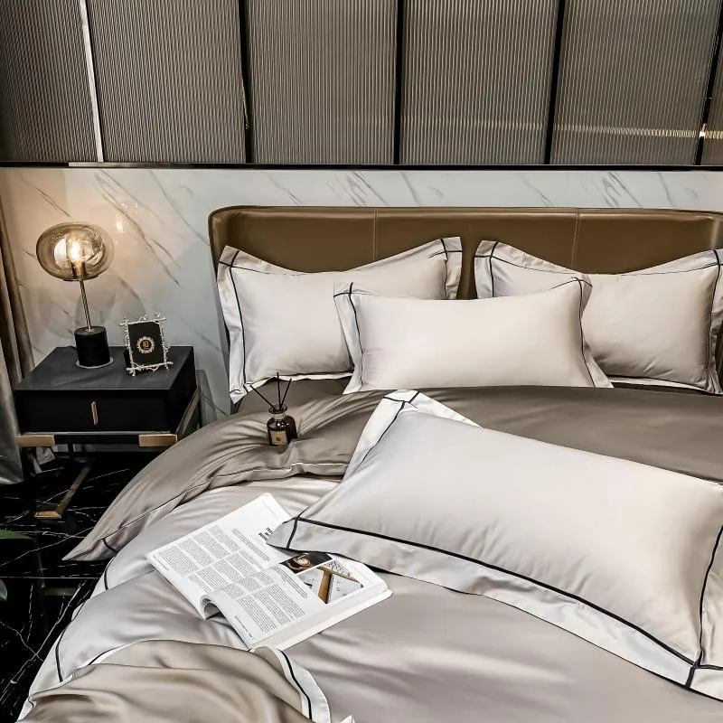 Elmsen Bettwäsche-Set aus ägyptischer Baumwolle mit 600 Thread Count | Beige mit Schwarz