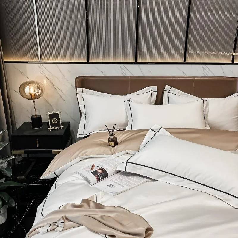 Elmsen Bettwäsche-Set aus ägyptischer Baumwolle mit 600 Thread Count | Weiß mit Schwarz