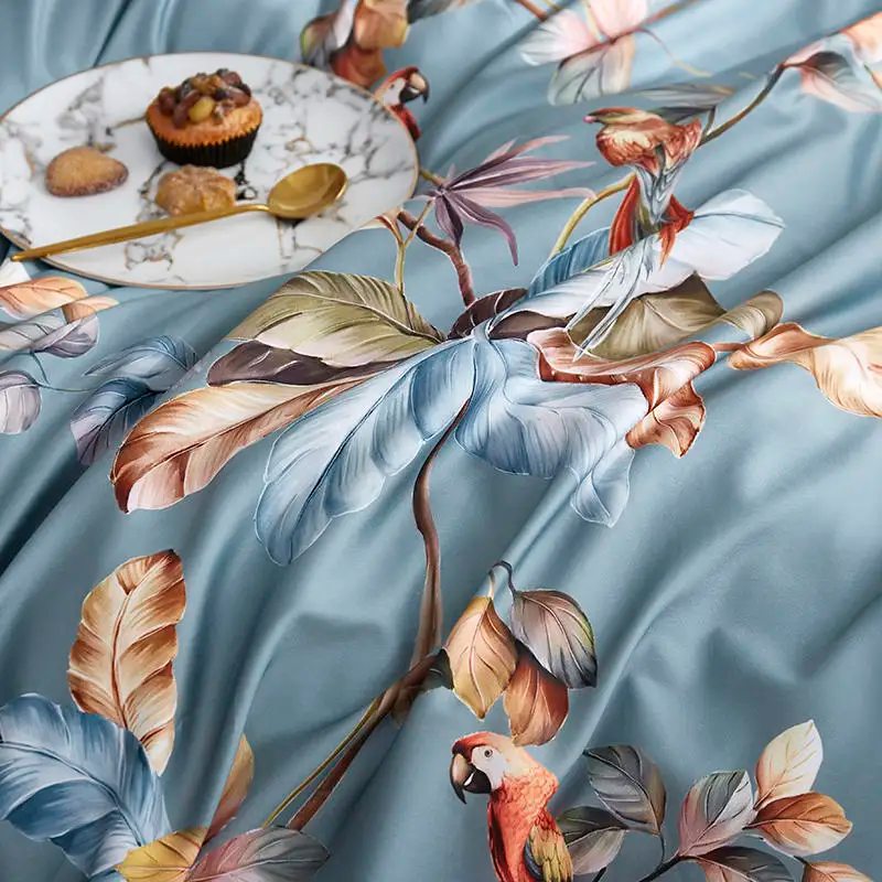 Bettwäsche aus ägyptischer Baumwolle (500 TC) – Blau-Grün – Parrot Poetry