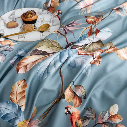 Bettwäsche aus ägyptischer Baumwolle (500 TC) – Blau-Grün – Parrot Poetry